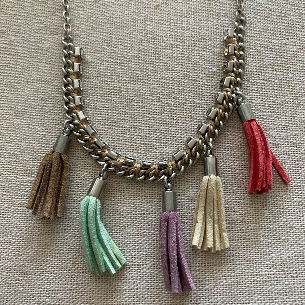 Vintage Boho AEO Tassel Necklace Silver Chain Multi-Color